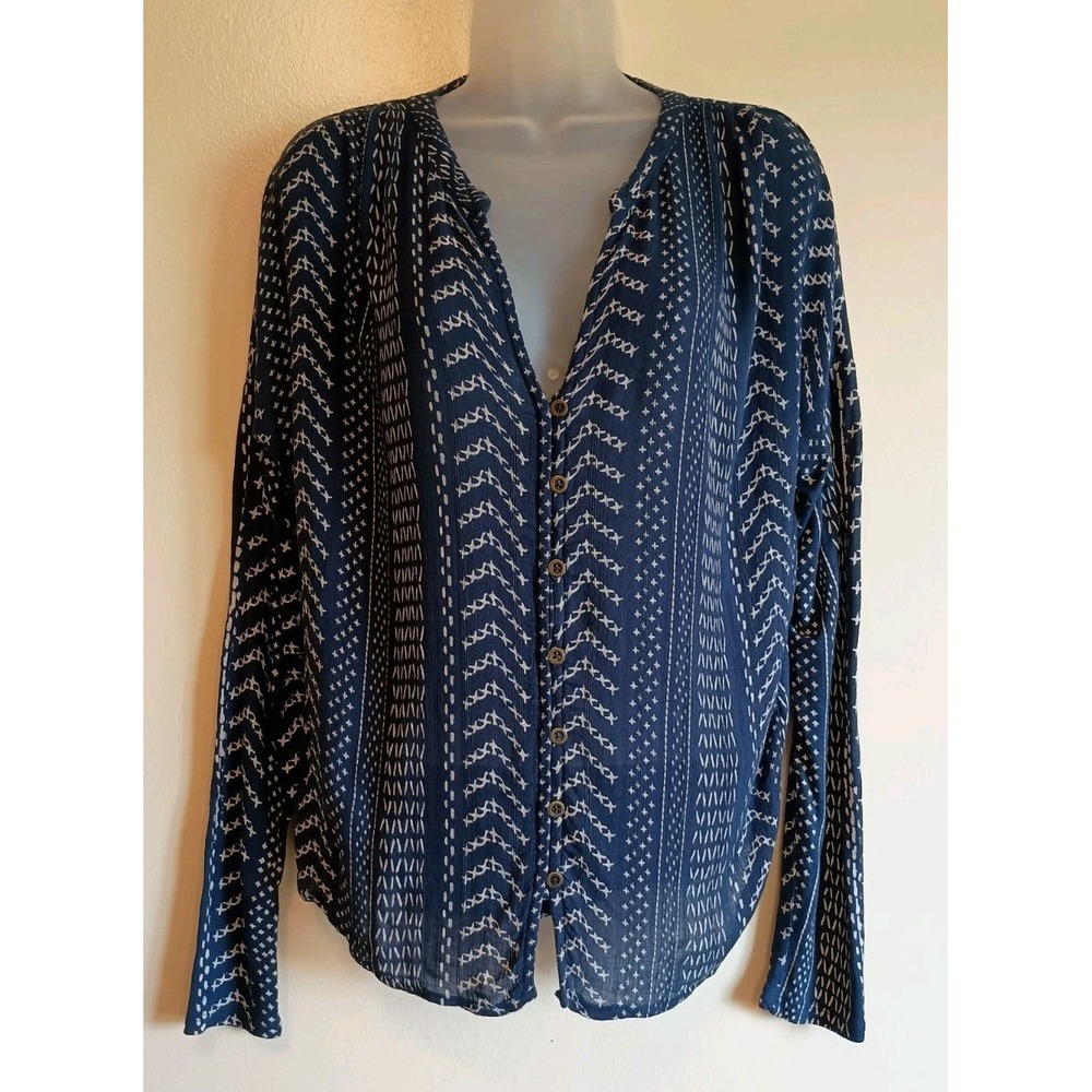 Lucky Brand Women's M Navy Mixed Print Button Front Boho Blouse Top